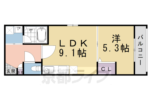 1LDK:洋5.3×LDK9.1(33.07㎡)