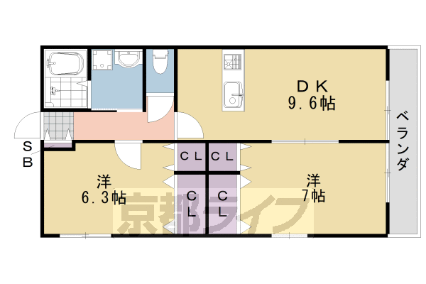 2DK:洋7×洋6.3×DK9.6(53.97㎡)