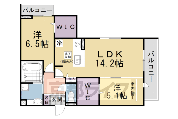 2LDK:洋6.5×洋5.1×LDK14.2(63.7㎡)