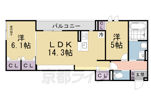 2LDK:洋5×洋6.1×LDK14.3(60.33㎡)