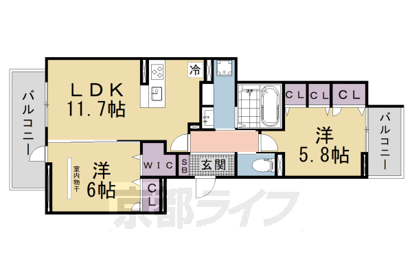 2LDK:洋5.8×洋6×LDK11.7(58.11㎡)