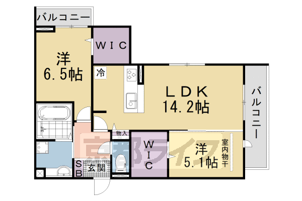 2LDK:洋6.5×洋5.1×LDK14.2(63.7㎡)