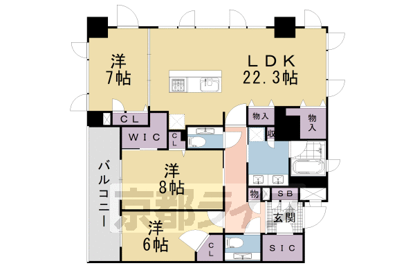 3LDK：洋7.0×洋8.0×洋6.0×LDK22.3(105.67㎡)