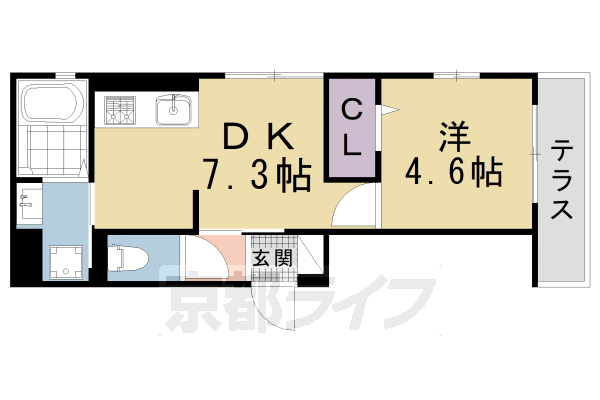 1DK：洋4.6×DK7.3(30.44㎡)