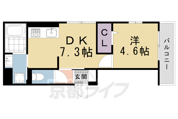 1DK：洋4.6×DK7.3(30.44㎡)