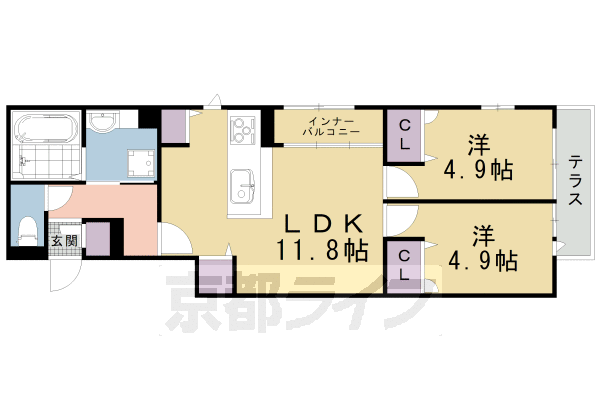 2LDK：洋4.9×洋4.9×LDK11.8（56.51㎡）