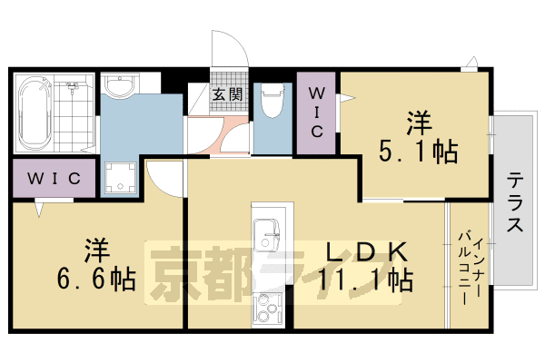 2LDK：洋6.6×洋5.4×LDK11.1（55.48㎡）