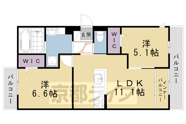 2LDK：洋5.1×洋6.6×LDK11.1（55.48㎡）