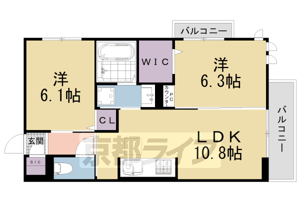 ■2LDK：洋6.1×洋6.1×LDK10.8(52.79㎡)