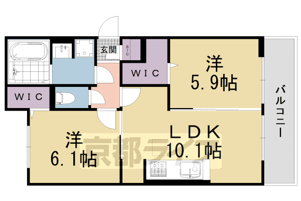 ■2LDK：洋5.9×洋6.1×LDK10.1(52.96㎡)