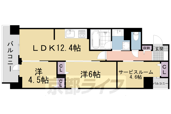 2SLDK：洋6×洋4.5×納4.6×LDK12.4(63.22㎡)