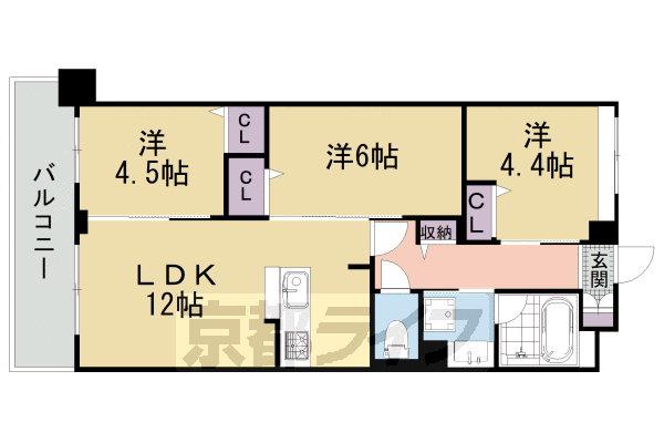 3LDK：洋6×洋4.5×洋4.4×LDK12.4(61.83㎡)