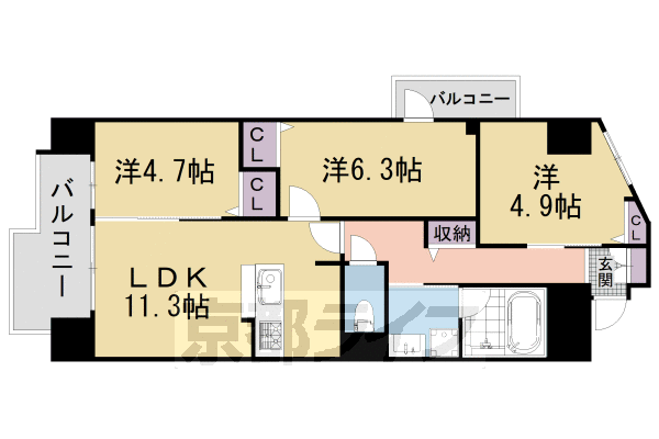 3LDK：洋6.3×洋4.9×洋4.7×LDK11.3(62.92㎡)