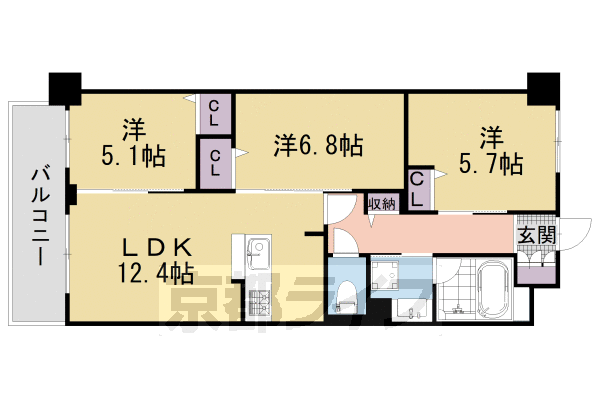 3LDK：洋6.8×洋5.7×洋5.1×LDK12.4(66.54㎡)