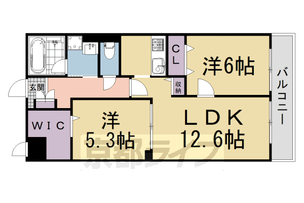2LDK：洋6×洋5.3×LDK12.6(58.82㎡)