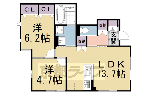 ■2LDK：洋6.2×洋4.7×LDK13.7(57.87 ㎡)