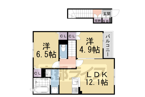 ■2LDK：洋6.5×洋4.9×LDK12.1(59.43 ㎡)