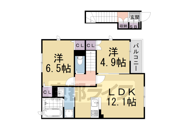 ■2LDK：洋6.5×洋4.9×LDK12.1(59.43 ㎡)