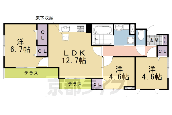 3LDK:洋6.7×洋4.6×洋4.6×LDK12.7(64.98㎡)