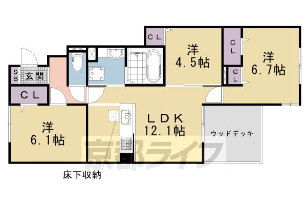 3LDK:洋6.1×洋4.6×洋6.7×LDK12.1(67.17㎡)