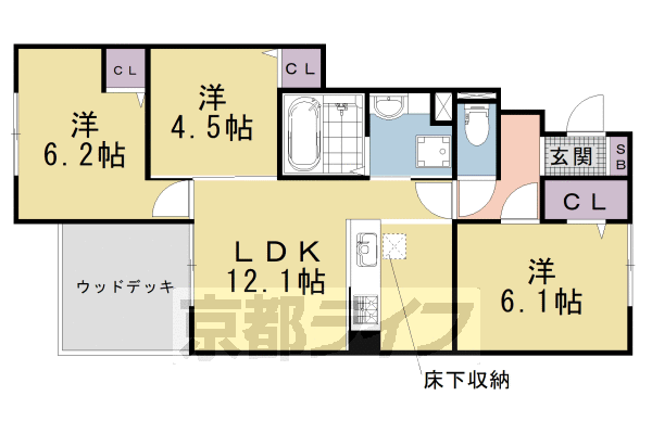 3LDK:洋6.1×洋4.5×洋6.2×LDK12.1(63.85㎡)