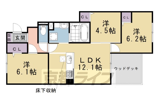 3LDK:洋6.1×洋4.5×洋6.2×LDK12.1(63.85㎡)