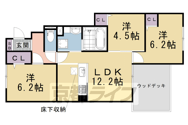 3LDK:洋6.2×洋4.5×洋6.2×LDK12.2(64.18㎡)