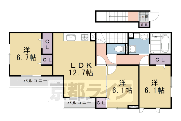 3LDK:洋6.1×洋6.1×洋6.7×LDK12.7(77.5㎡)