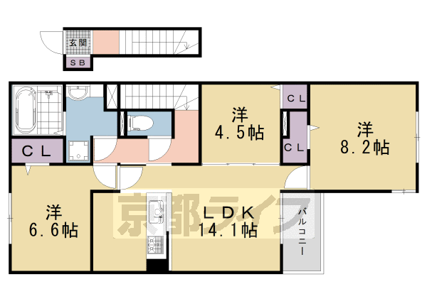 3LDK:洋6.6×洋4.5×洋8.2×LDK14.1(79.72㎡)
