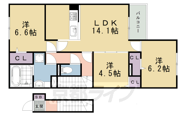 3LDK:洋4.5×洋6.2×洋6.6×LDK14.1(76.31㎡)