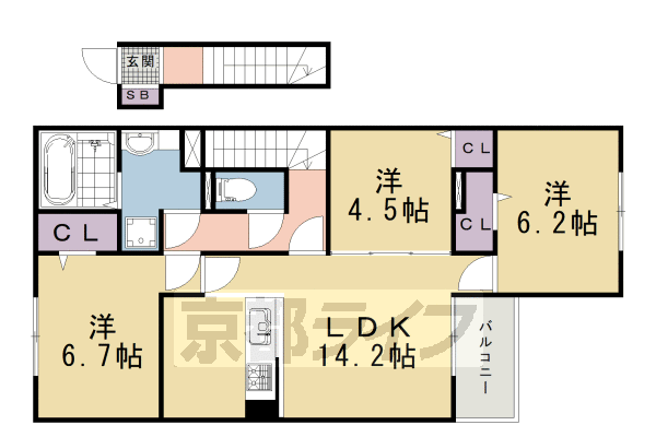 3LDK:洋6.7×洋4.5×洋6.2×LDK14.2(76.58㎡)