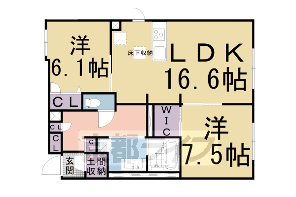 2LDK：洋6.1×洋7.5×LDK16.6(74㎡)