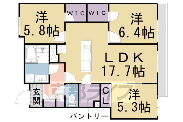 3LDK：洋5.3×洋5.8×洋6.4×LDK17.7(81.08㎡)