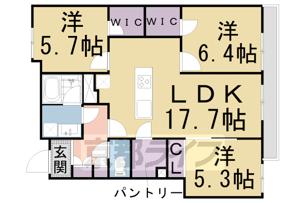 3LDK：洋5.7×洋6.4×洋5.3×LDK17.7(81.05㎡)