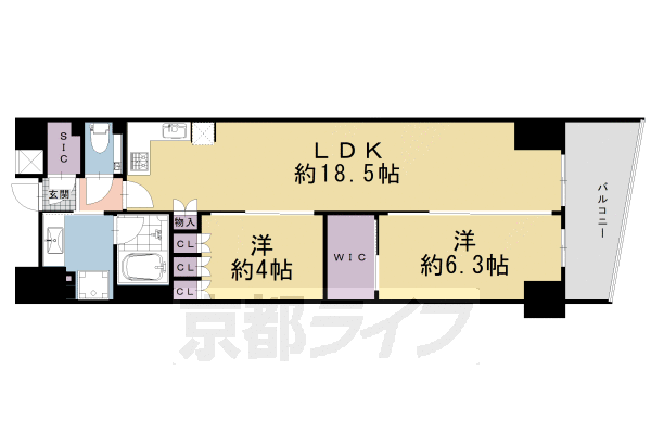 2LDK：洋4×洋6.3×LDK18.5（64.72㎡）