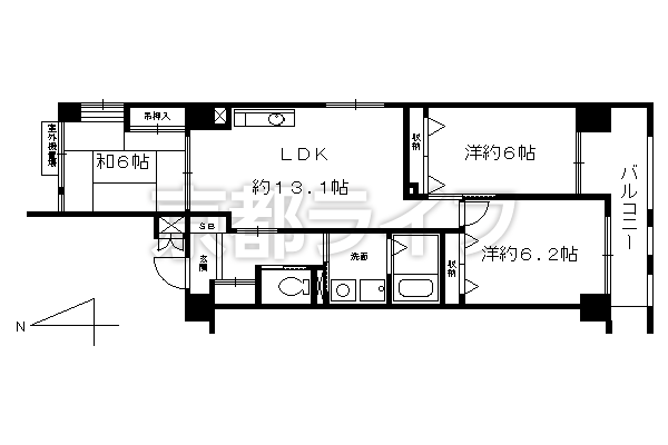 3LDK：洋6.2×洋6×和6×LDK13.1（70.76㎡）