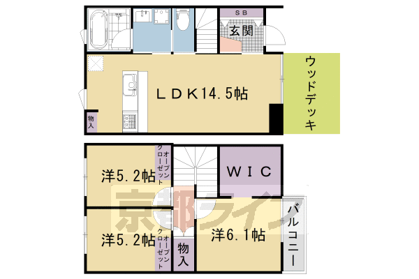 3LDK：洋5.2×洋5.2×洋6.1×LDK14.5（74.32㎡)