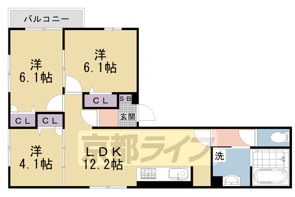 ■3LDK：洋4.1×洋6.1×洋6.1×LDK12.2(64.77㎡)