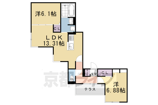 2LDK：洋6.1×洋6.88×LDK13.31（60.4㎡）