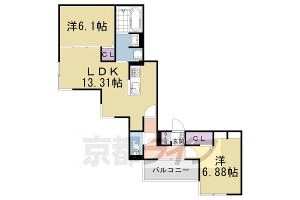 2LDK：洋6.1×洋6.88×LDK13.31（60.4㎡）