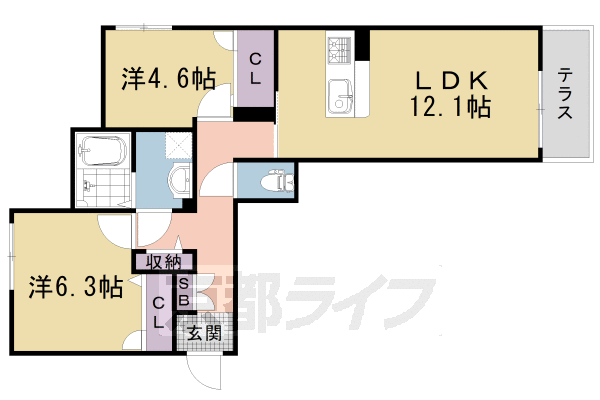 2LDK：洋6.3×洋4.6×LDK12.1（58.67）