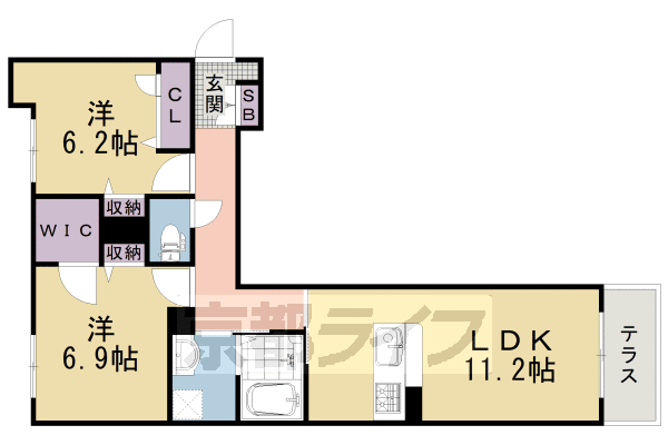 2LDK：洋6.9×洋6.2×LDK11.2（61.32㎡）