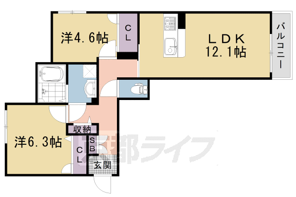 2LDK：洋6.3×洋4.6×LDK12.1（58.67）