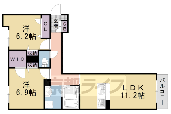 2LDK：洋6.9×洋6.2×LDK11.2（61.32㎡）