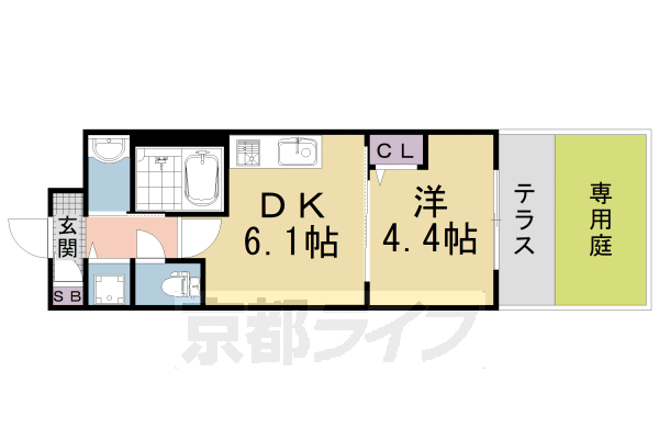 1DK:洋4.4×DK6.1(26.7㎡)