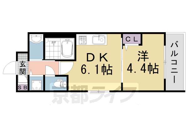 1DK:洋4.4×DK6.1(26.7㎡)