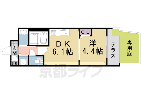 1DK:洋4.4×DK6.1(26.7㎡)