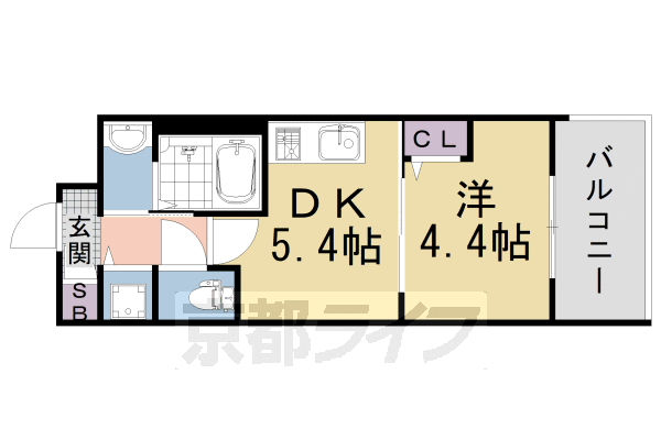 1DK:洋4.4×DK5.4(25.5㎡)