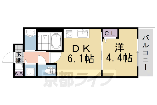 1DK:洋4.4×DK6.1(26.7㎡)