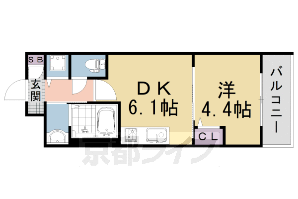 1DK:洋4.4×DK6.1(26.7㎡)
